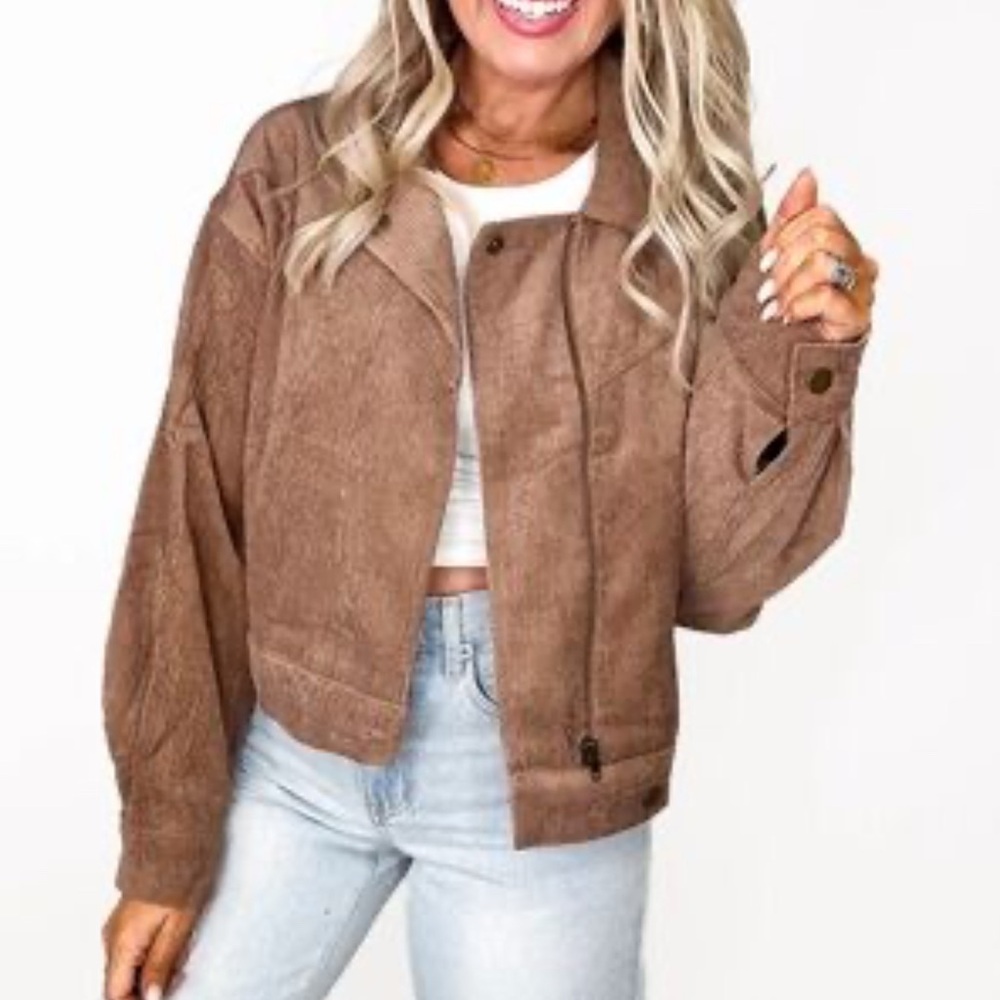 Mine Large Brown Corduroy Crop Bomber Jacket NWOT